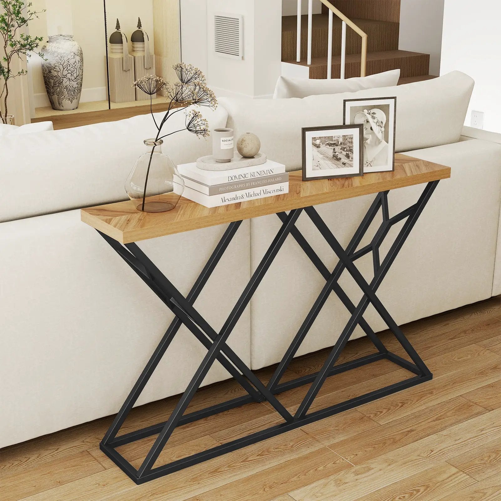 55 Inch Console Table with Solid Metal Frame and Storage-Wood by DirectDeals