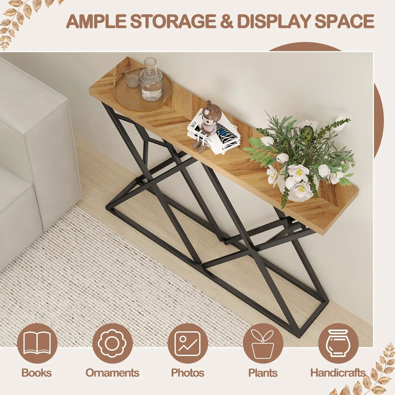 55 Inch Console Table with Solid Metal Frame and Storage-Wood by DirectDeals