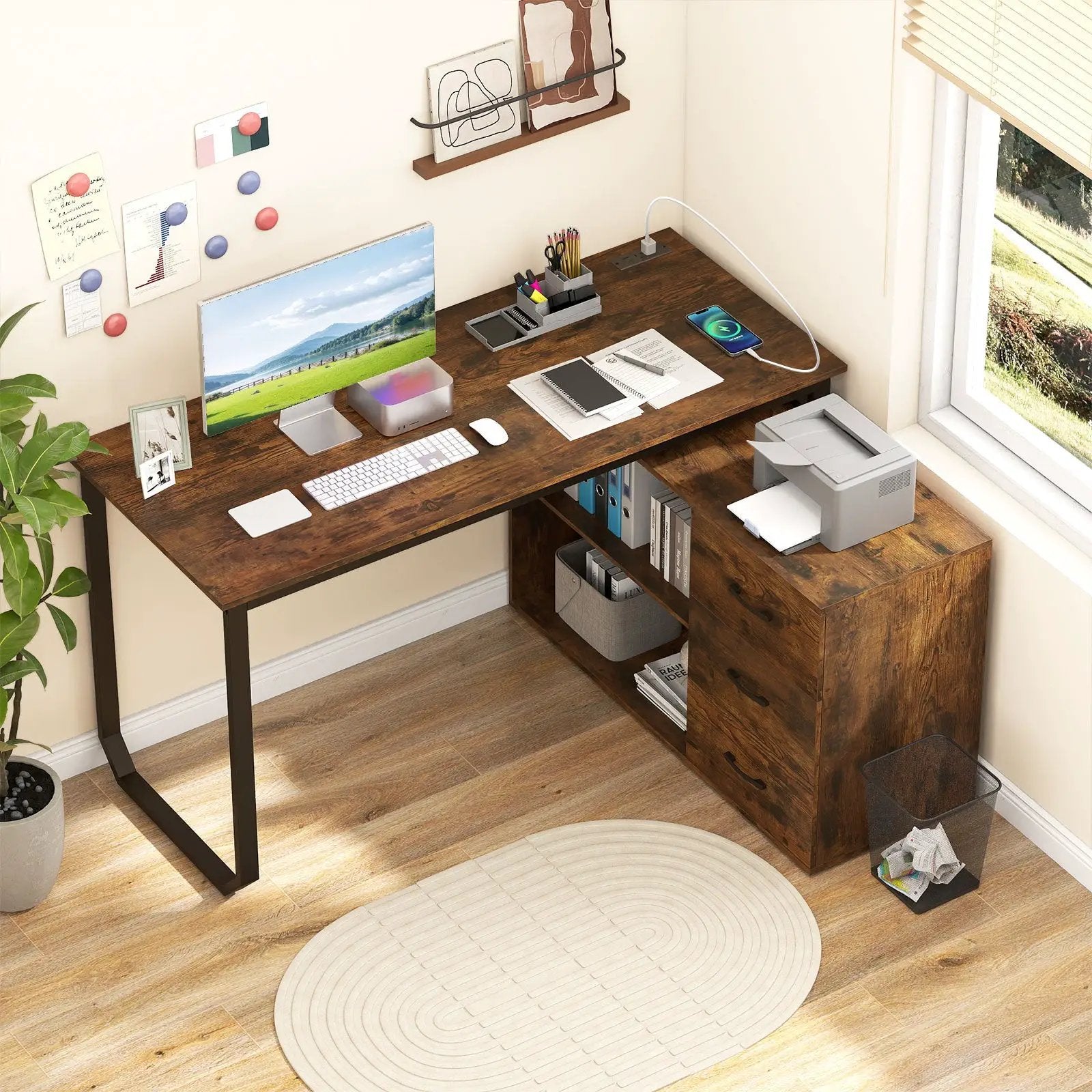 55 Inch Reversible L Shaped Desk with 3 Drawers Home Office Desk with Adjustable Shelf by DirectDeals