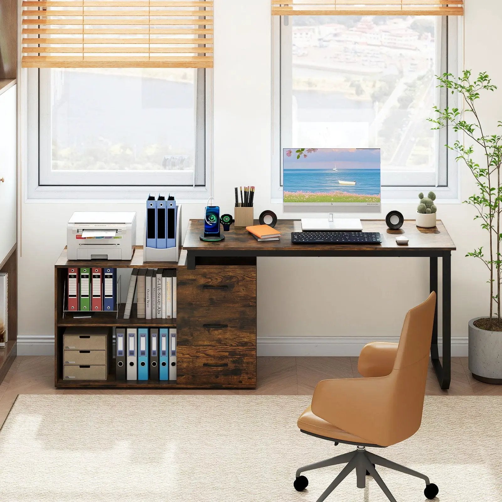 55 Inch Reversible L Shaped Desk with 3 Drawers Home Office Desk with Adjustable Shelf by DirectDeals