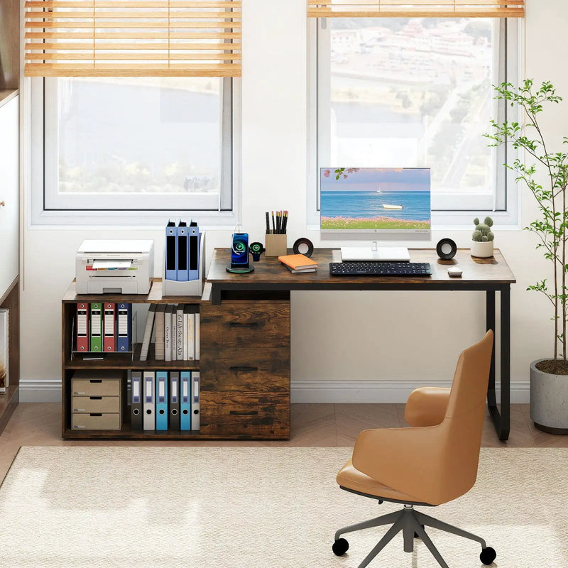 55 Inch Reversible L Shaped Desk with 3 Drawers Home Office Desk with Adjustable Shelf by DirectDeals