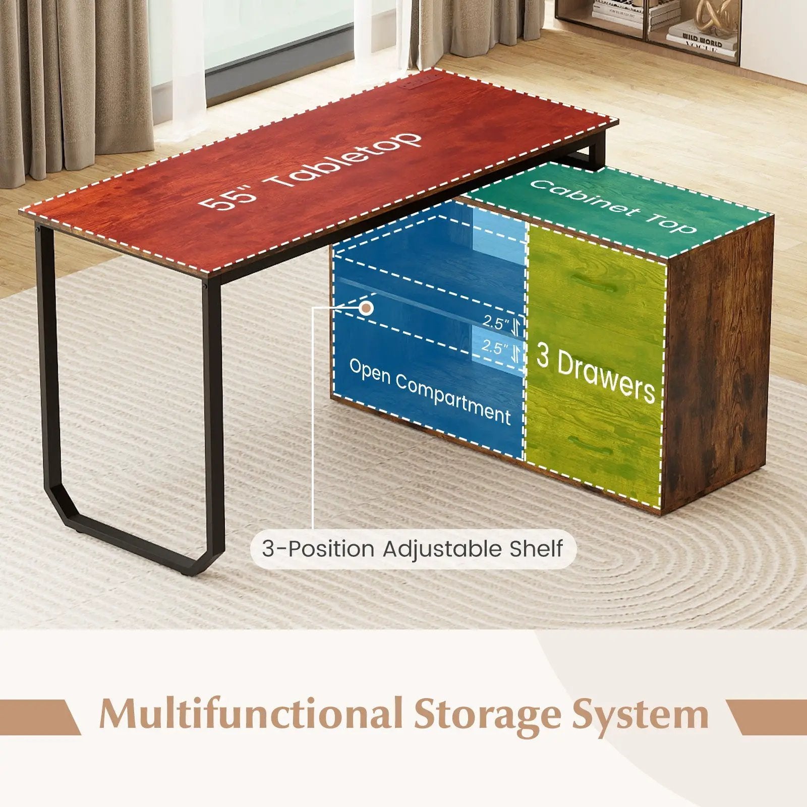 55 Inch Reversible L Shaped Desk with 3 Drawers Home Office Desk with Adjustable Shelf by DirectDeals