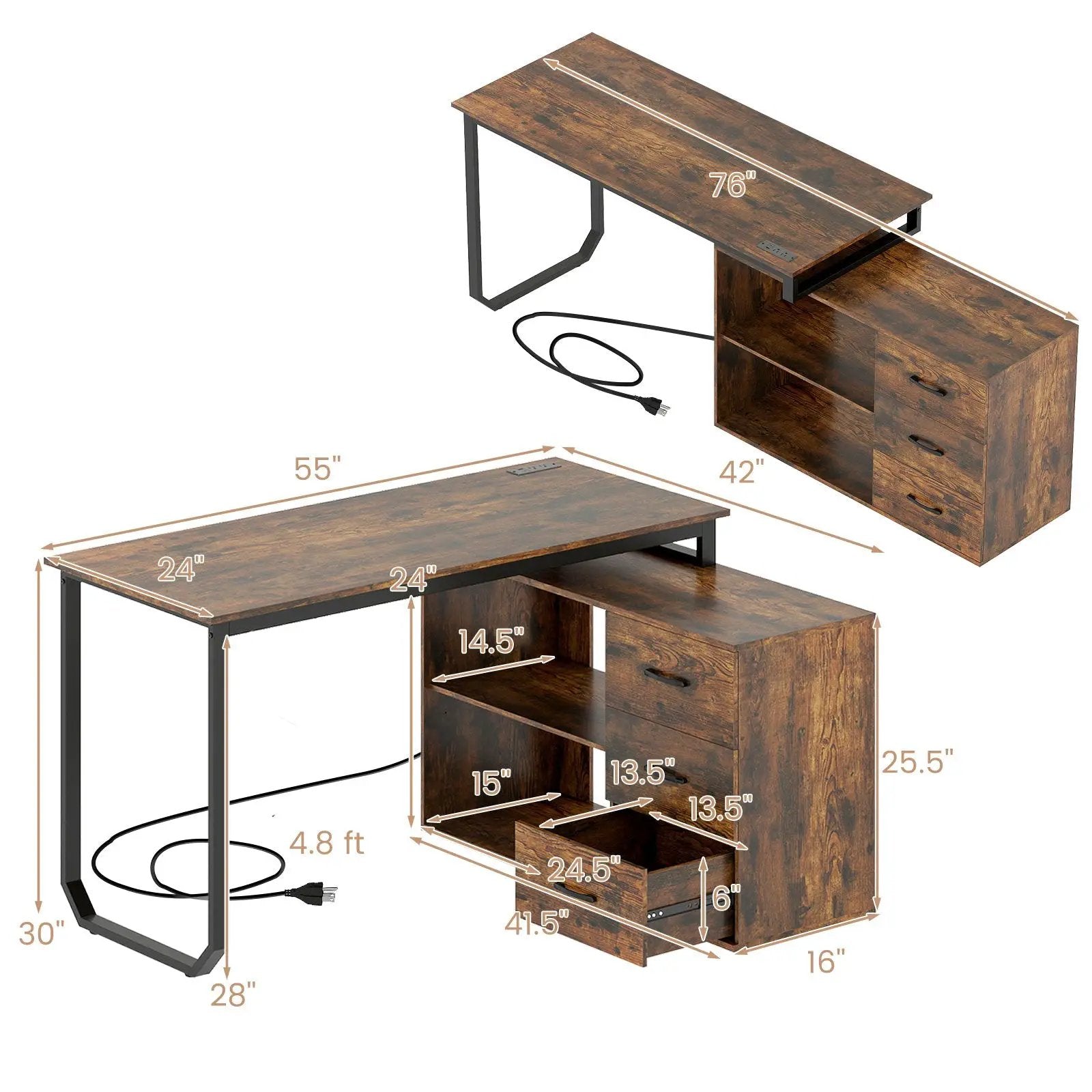 55 Inch Reversible L Shaped Desk with 3 Drawers Home Office Desk with Adjustable Shelf by DirectDeals
