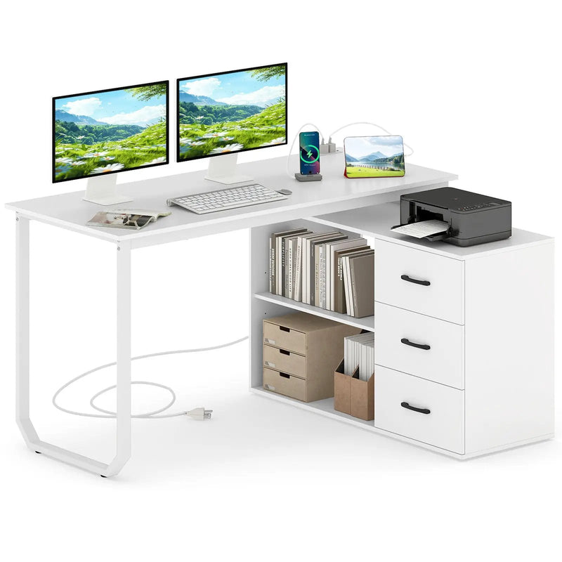 55 Inch Reversible L Shaped Desk with 3 Drawers Home Office Desk with Adjustable Shelf by DirectDeals