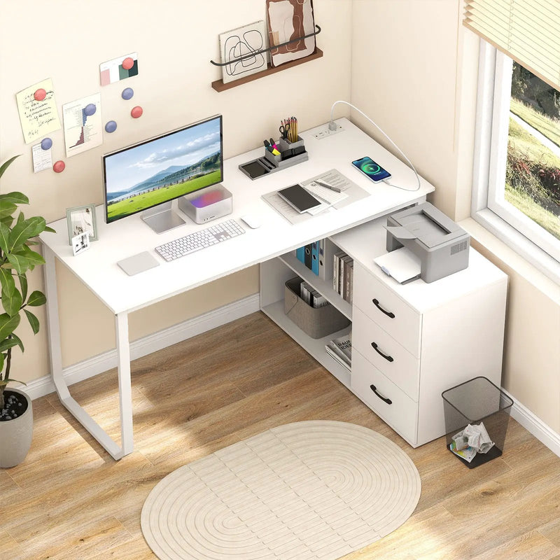 55 Inch Reversible L Shaped Desk with 3 Drawers Home Office Desk with Adjustable Shelf by DirectDeals