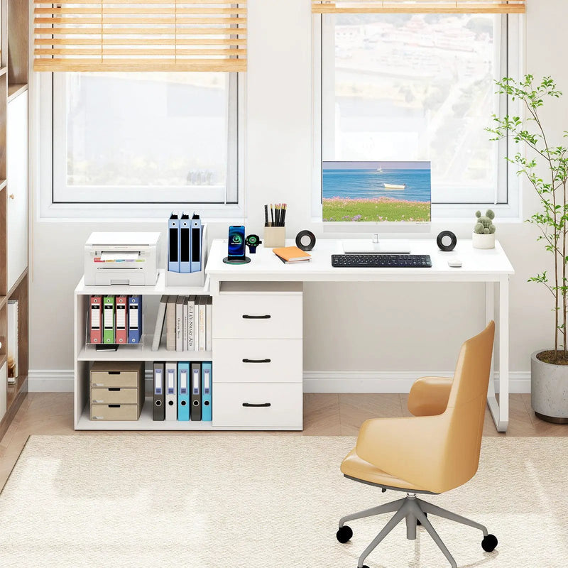 55 Inch Reversible L Shaped Desk with 3 Drawers Home Office Desk with Adjustable Shelf by DirectDeals