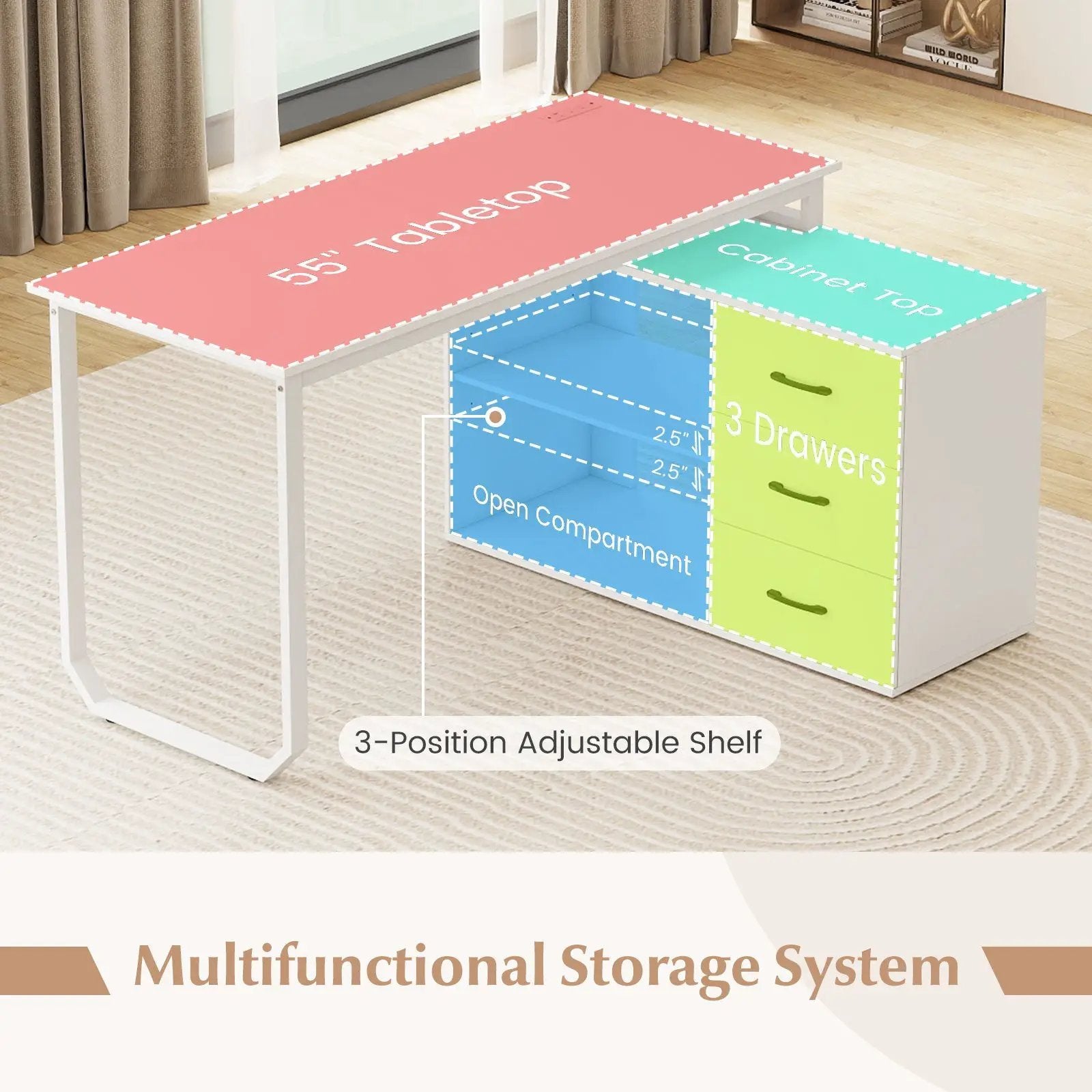 55 Inch Reversible L Shaped Desk with 3 Drawers Home Office Desk with Adjustable Shelf by DirectDeals
