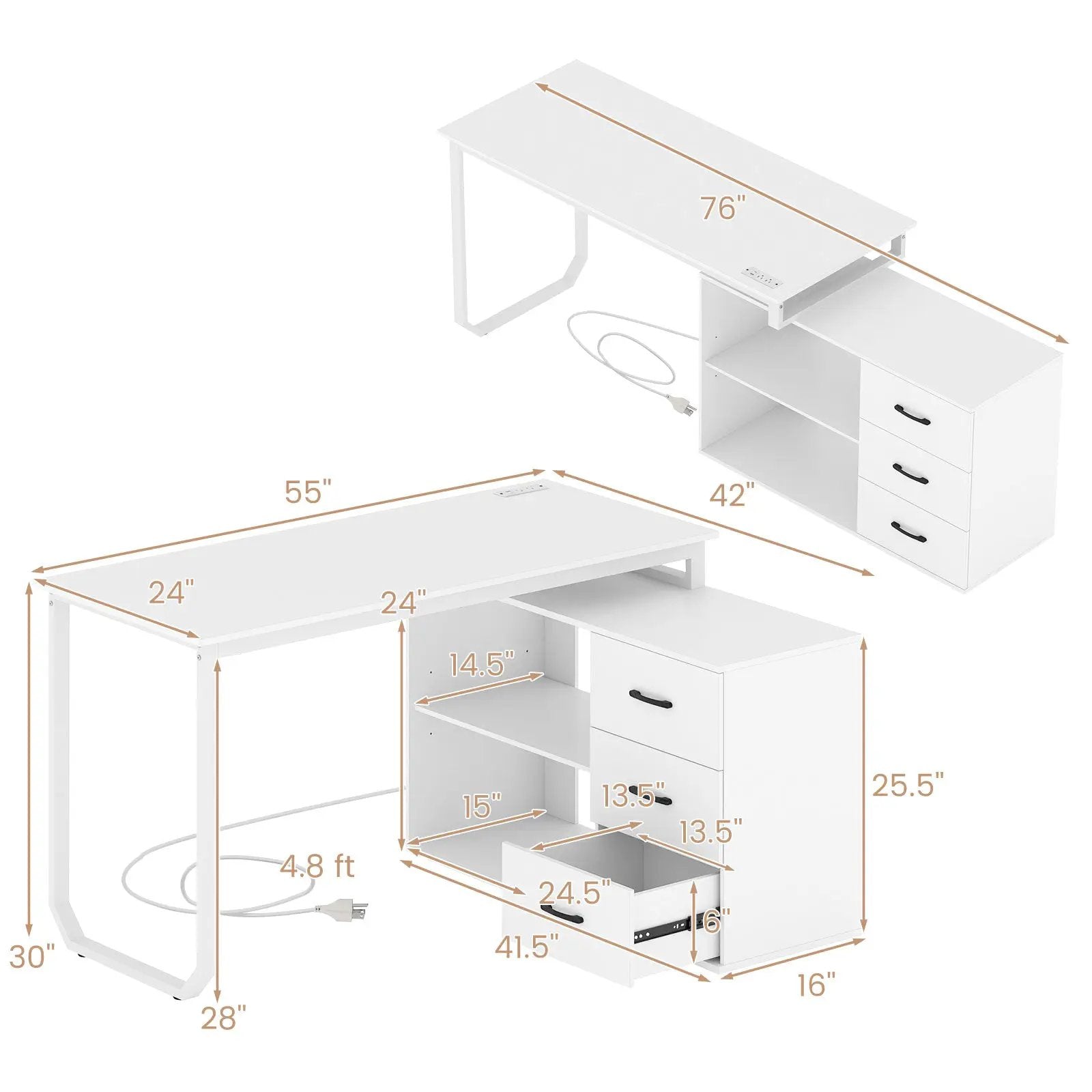 55 Inch Reversible L Shaped Desk with 3 Drawers Home Office Desk with Adjustable Shelf by DirectDeals
