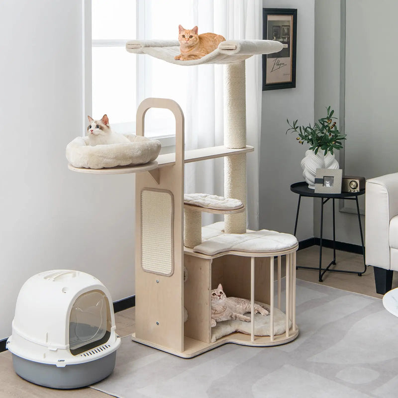 55 Inch Tall Multi-Level Cat Tree with Washable Removable Cushions-Natural by DirectDeals
