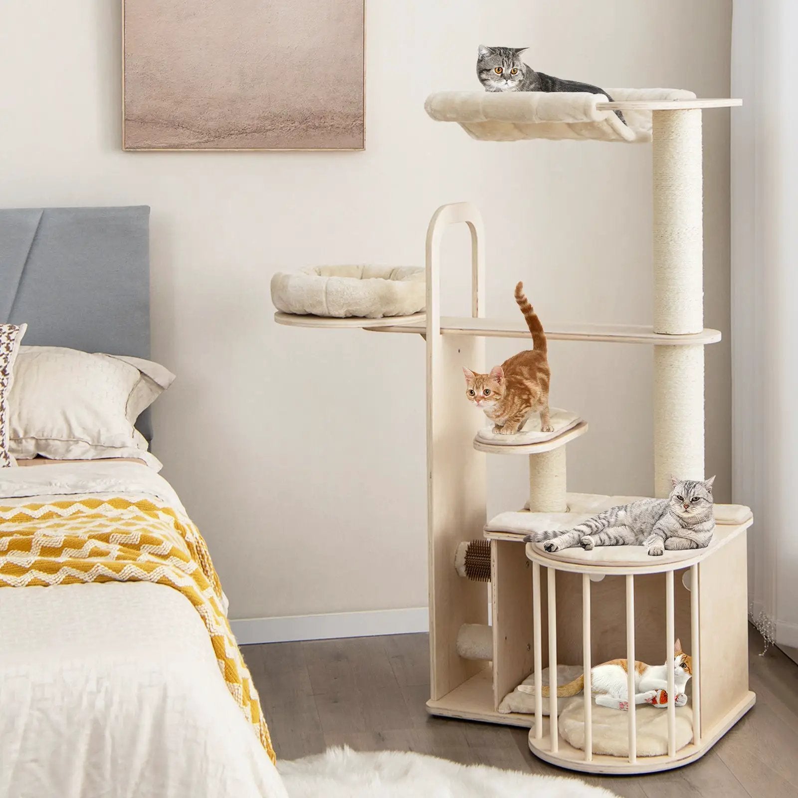 55 Inch Tall Multi-Level Cat Tree with Washable Removable Cushions-Natural by DirectDeals