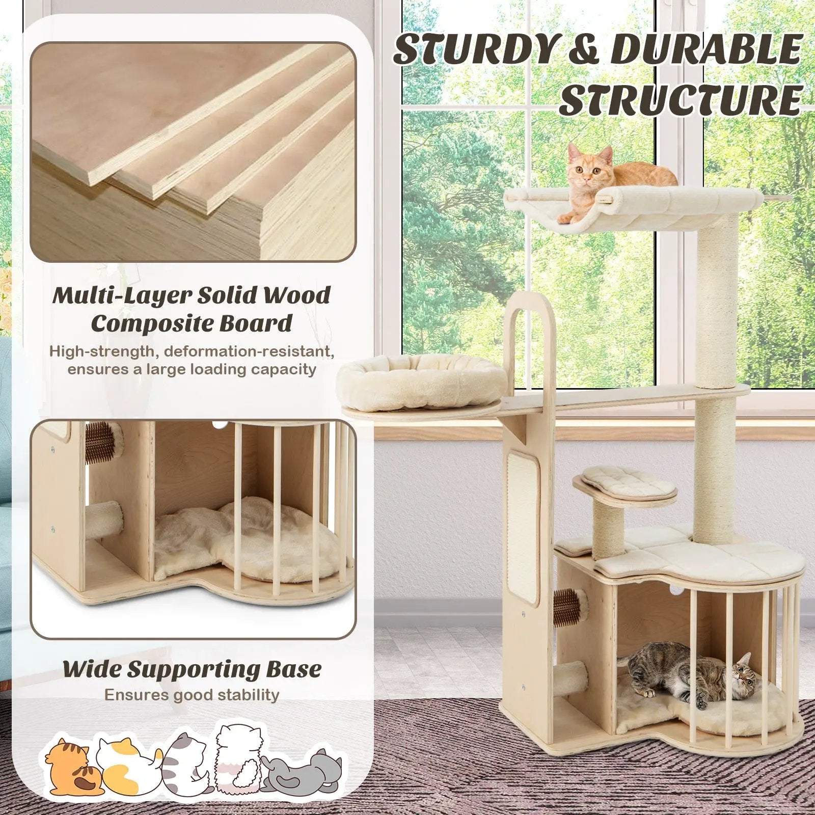 55 Inch Tall Multi-Level Cat Tree with Washable Removable Cushions-Natural by DirectDeals