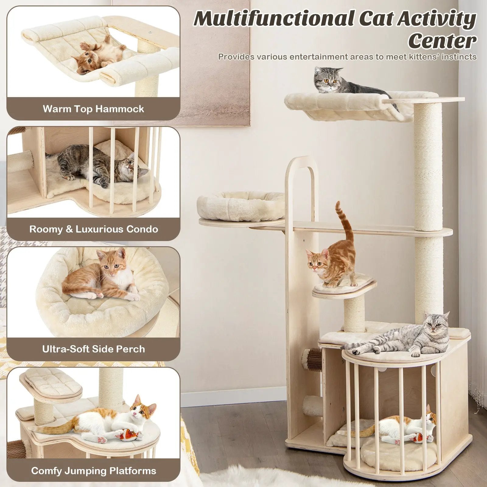 55 Inch Tall Multi-Level Cat Tree with Washable Removable Cushions-Natural by DirectDeals