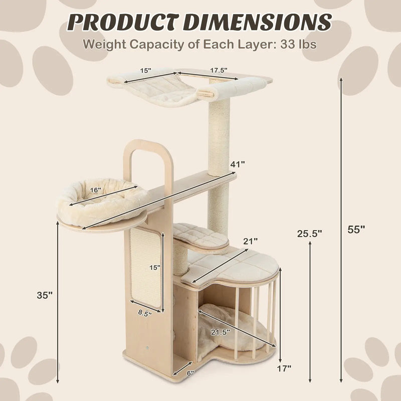 55 Inch Tall Multi-Level Cat Tree with Washable Removable Cushions-Natural by DirectDeals