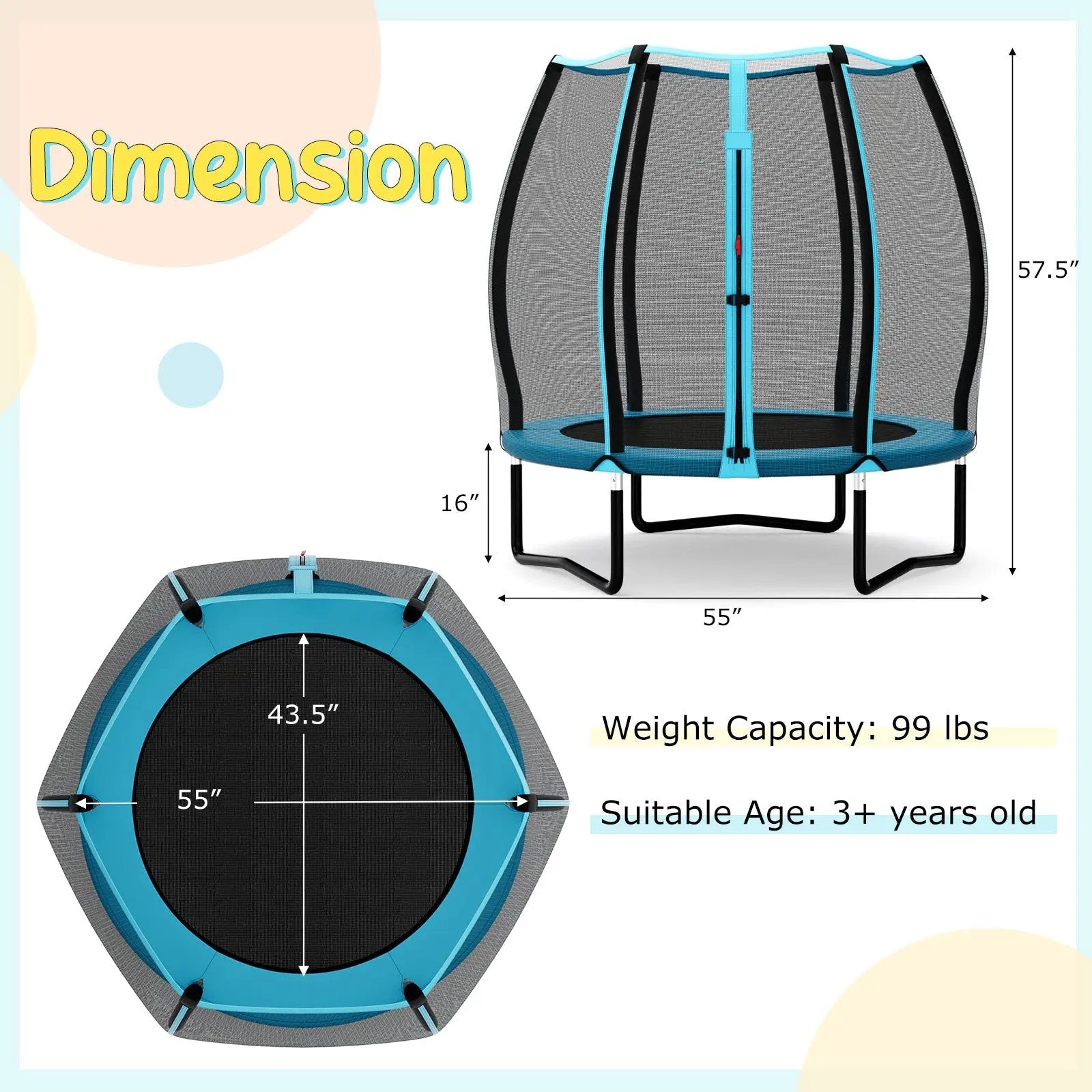 55 Inch Trampoline for Kids Toddler Mini Trampoline with Safety Enclosure Net-Blue by DirectDeals