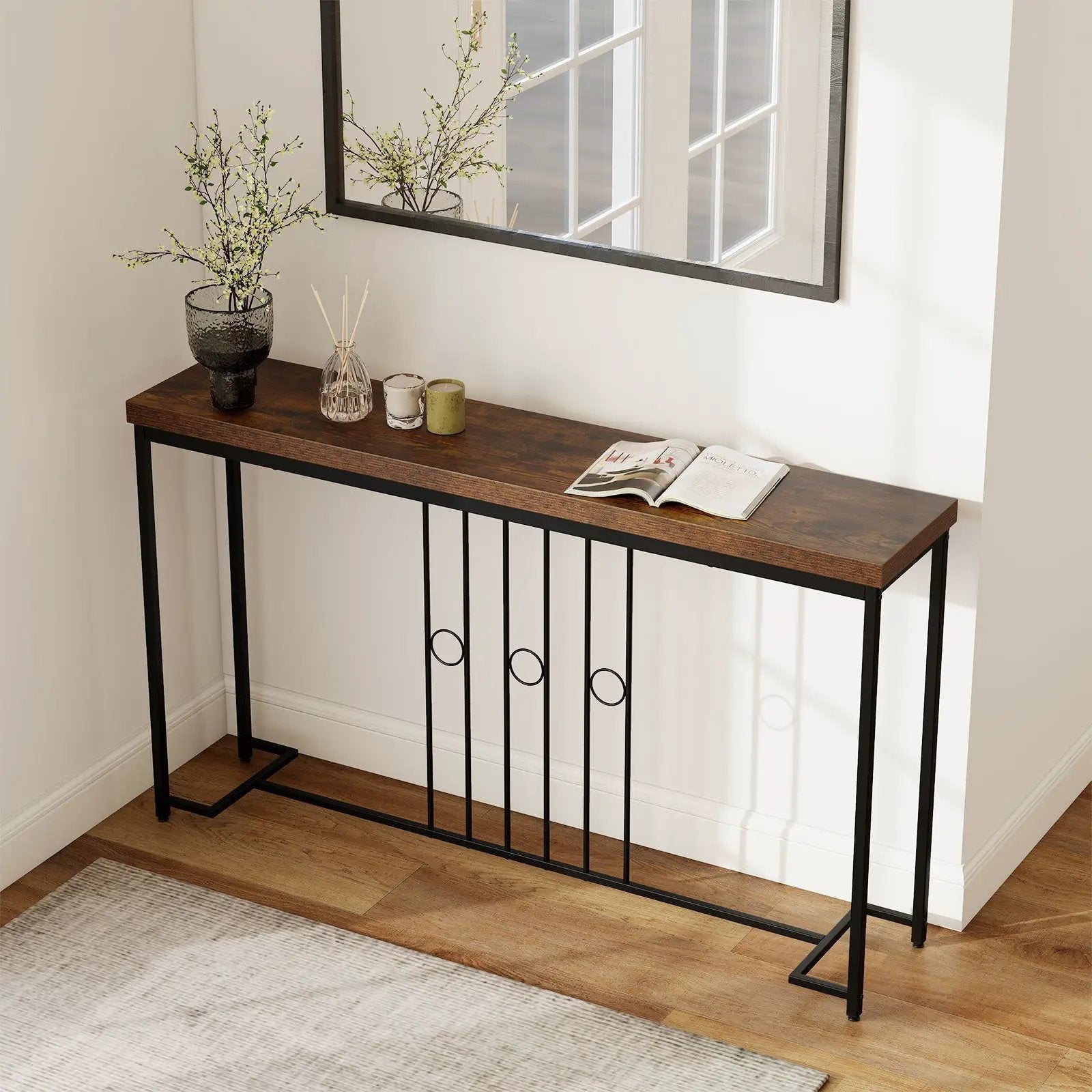 55" Industrial Console Table with H-Shaped Base-Brown by DirectDeals