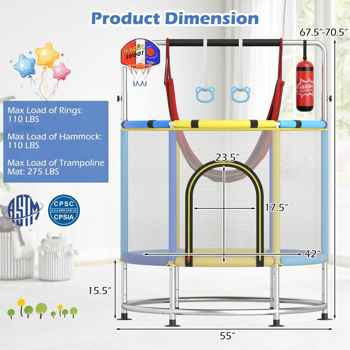 55" Kids Trampoline Gift for for 3-6 Years Old Boys and Girls by DirectDeals