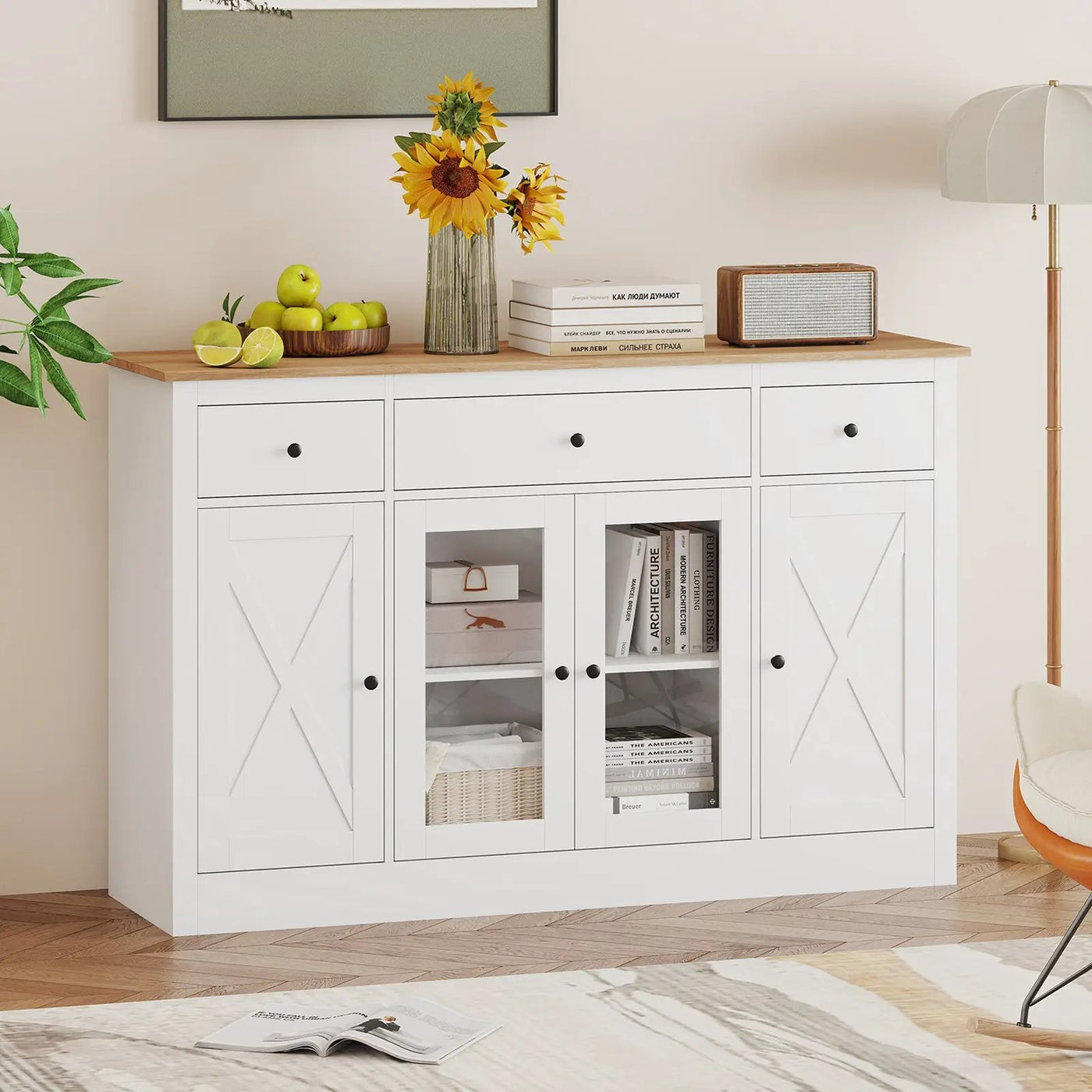 55" Large Buffet Sideboard Kitchen Storage Cabinet with 3 Drawers 2 See-through Doors Adjustable Shelves Wine Bar Table by DirectDeals