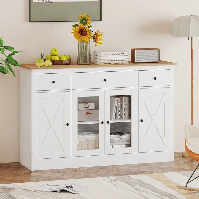 55" Large Buffet Sideboard Kitchen Storage Cabinet with 3 Drawers 2 See-through Doors Adjustable Shelves Wine Bar Table by DirectDeals