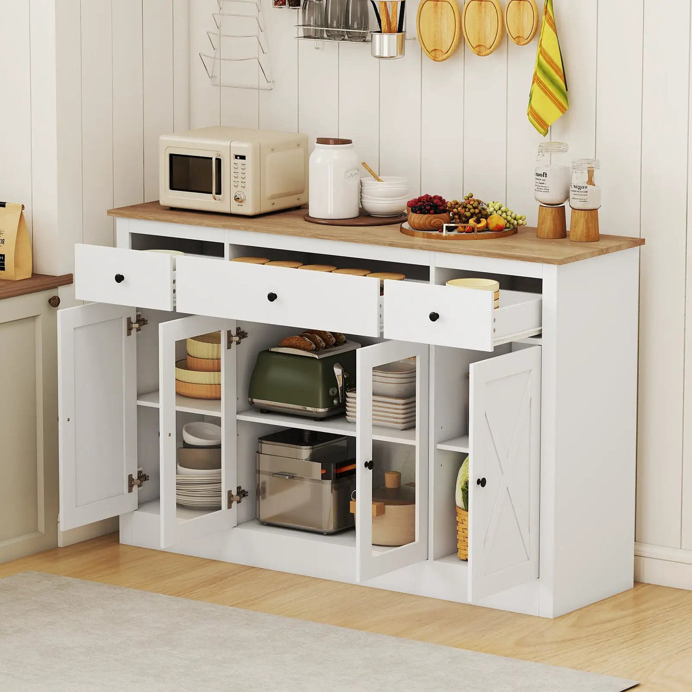 55" Large Buffet Sideboard Kitchen Storage Cabinet with 3 Drawers 2 See-through Doors Adjustable Shelves Wine Bar Table by DirectDeals