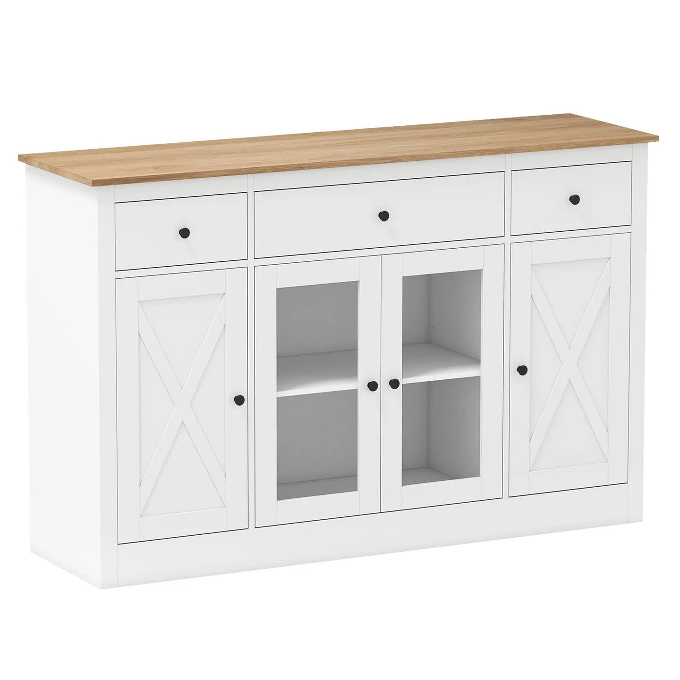 55" Large Buffet Sideboard Kitchen Storage Cabinet with 3 Drawers 2 See-through Doors Adjustable Shelves Wine Bar Table by DirectDeals
