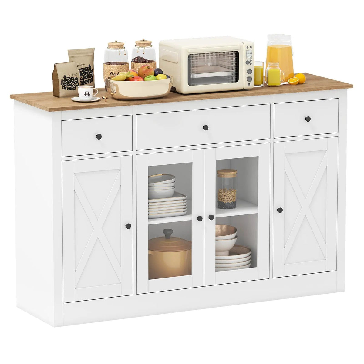 55" Large Buffet Sideboard Kitchen Storage Cabinet with 3 Drawers 2 See-through Doors Adjustable Shelves Wine Bar Table by DirectDeals