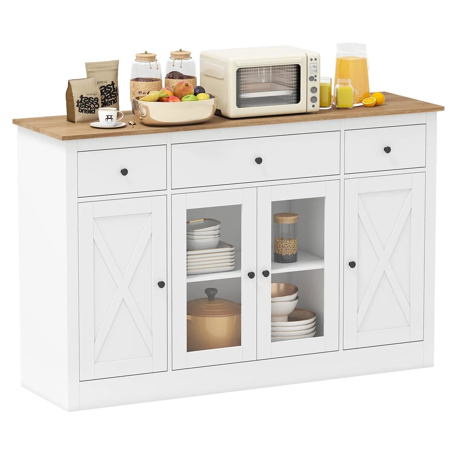 55" Large Buffet Sideboard Kitchen Storage Cabinet with 3 Drawers 2 See-through Doors Adjustable Shelves Wine Bar Table by DirectDeals
