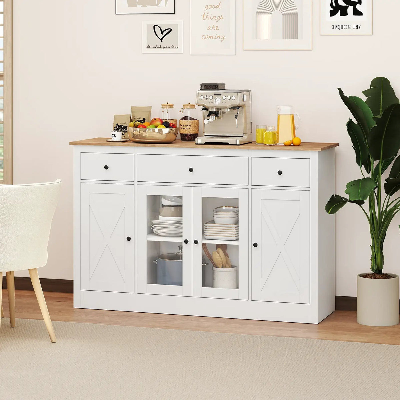 55" Large Buffet Sideboard Kitchen Storage Cabinet with 3 Drawers 2 See-through Doors Adjustable Shelves Wine Bar Table by DirectDeals