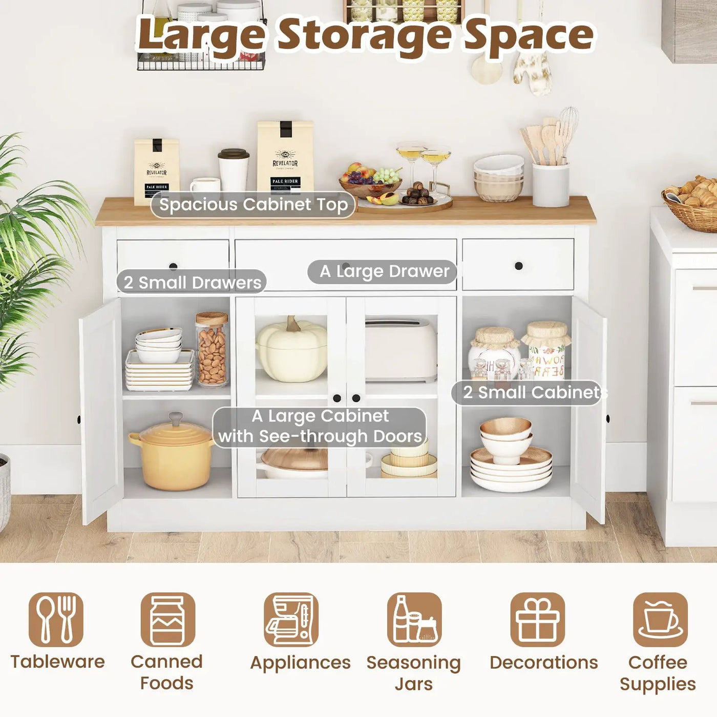 55" Large Buffet Sideboard Kitchen Storage Cabinet with 3 Drawers 2 See-through Doors Adjustable Shelves Wine Bar Table by DirectDeals