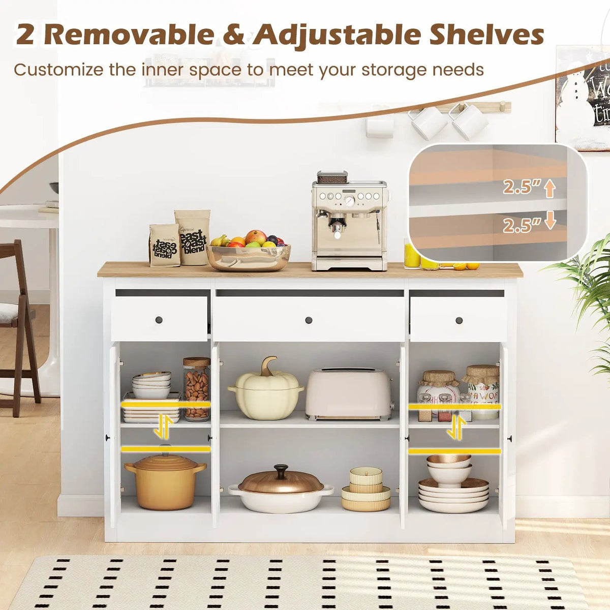 55" Large Buffet Sideboard Kitchen Storage Cabinet with 3 Drawers 2 See-through Doors Adjustable Shelves Wine Bar Table by DirectDeals