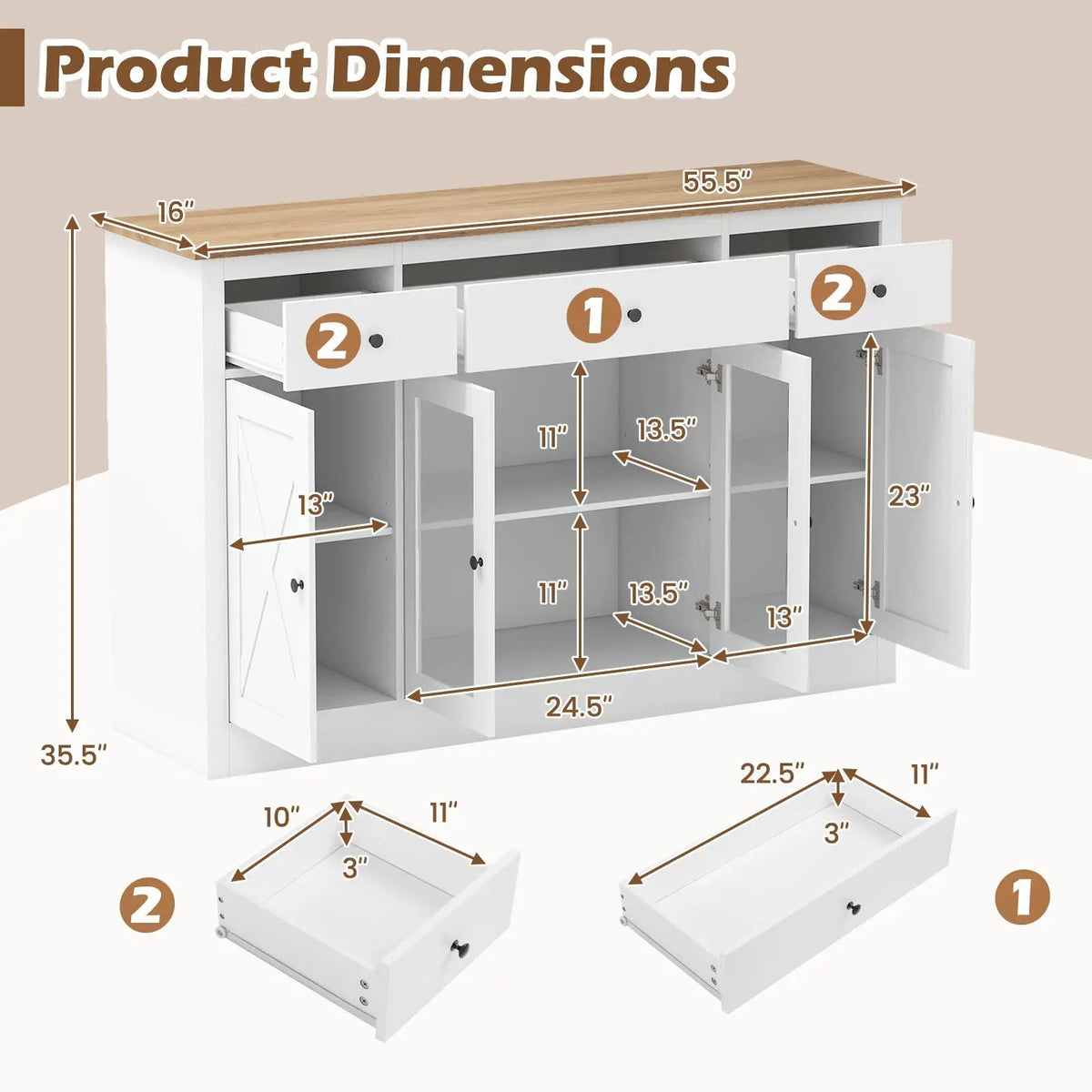 55" Large Buffet Sideboard Kitchen Storage Cabinet with 3 Drawers 2 See-through Doors Adjustable Shelves Wine Bar Table by DirectDeals