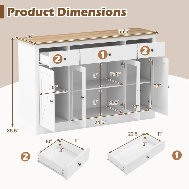 55" Large Buffet Sideboard Kitchen Storage Cabinet with 3 Drawers 2 See-through Doors Adjustable Shelves Wine Bar Table by DirectDeals