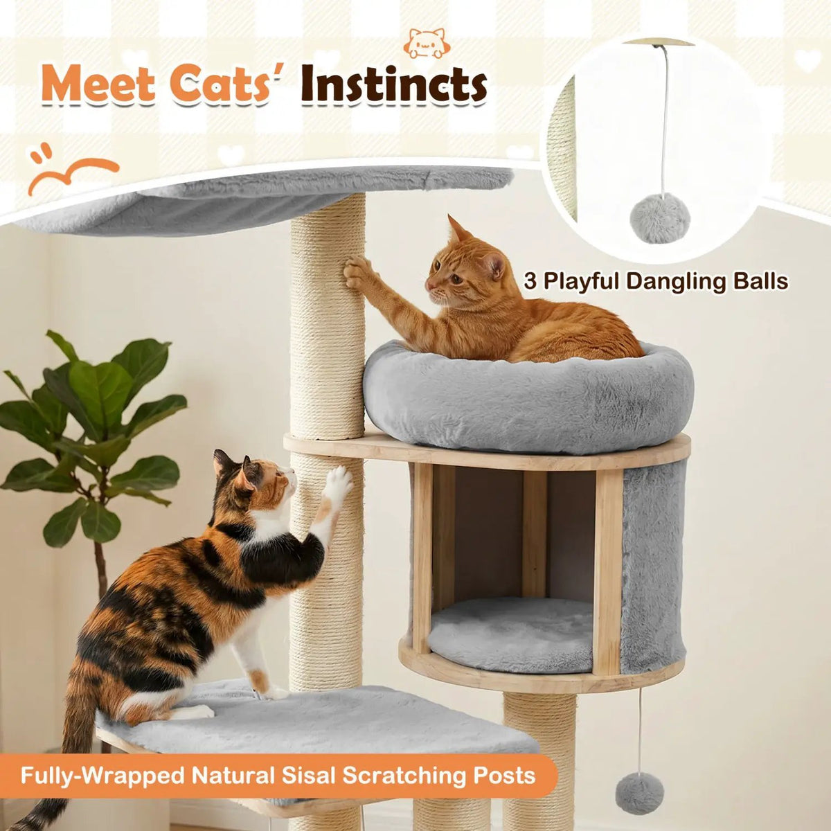 55" Solid Rubber Wood Cat Tree with Condo & Hammock by DirectDeals