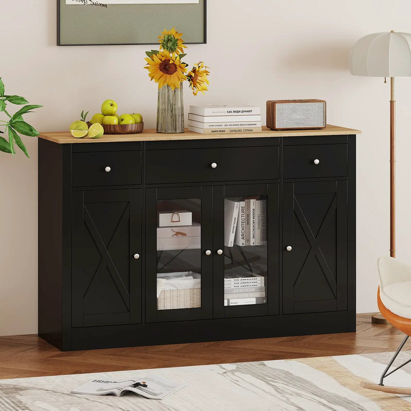 55" Large Buffet Sideboard Kitchen Storage Cabinet with 3 Drawers 2 See-through Doors Adjustable Shelves Wine Bar Table by DirectDeals