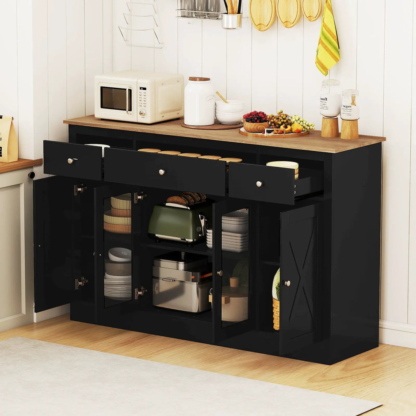 55" Large Buffet Sideboard Kitchen Storage Cabinet with 3 Drawers 2 See-through Doors Adjustable Shelves Wine Bar Table by DirectDeals