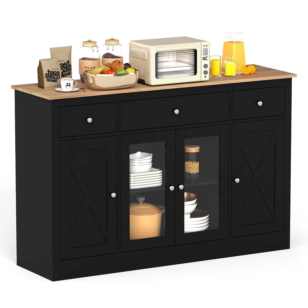 55" Large Buffet Sideboard Kitchen Storage Cabinet with 3 Drawers 2 See-through Doors Adjustable Shelves Wine Bar Table by DirectDeals