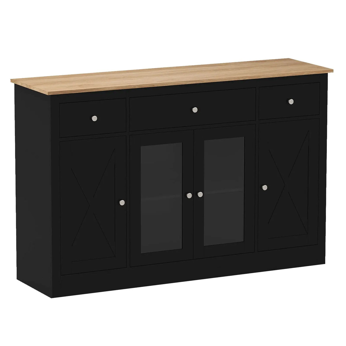 55" Large Buffet Sideboard Kitchen Storage Cabinet with 3 Drawers 2 See-through Doors Adjustable Shelves Wine Bar Table by DirectDeals
