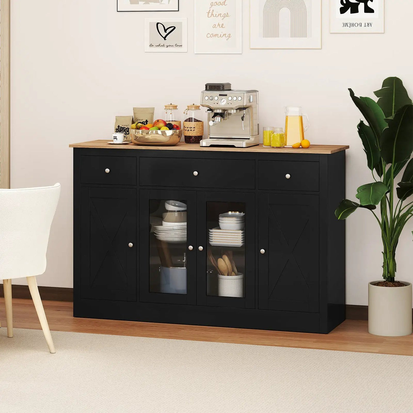 55" Large Buffet Sideboard Kitchen Storage Cabinet with 3 Drawers 2 See-through Doors Adjustable Shelves Wine Bar Table by DirectDeals