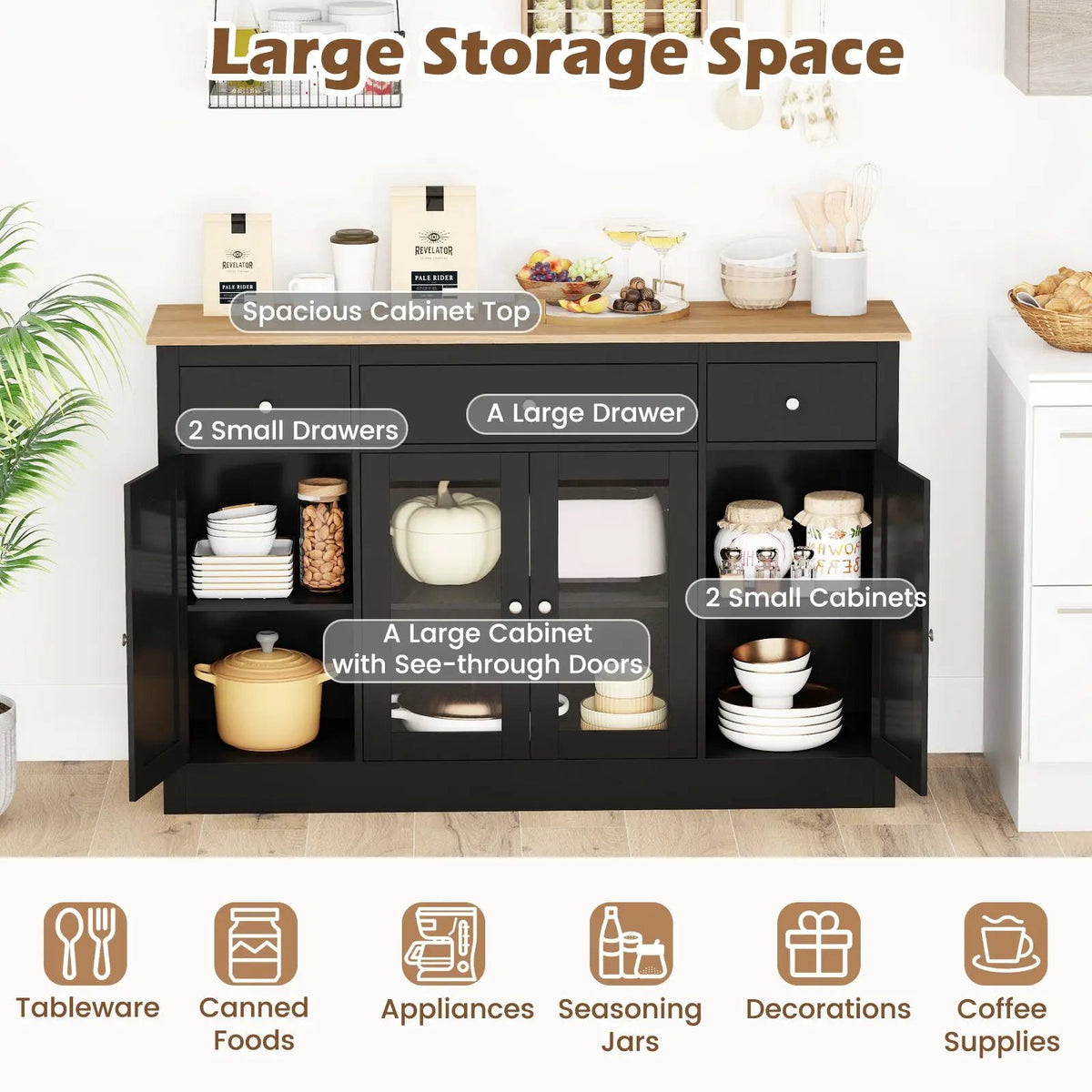 55" Large Buffet Sideboard Kitchen Storage Cabinet with 3 Drawers 2 See-through Doors Adjustable Shelves Wine Bar Table by DirectDeals
