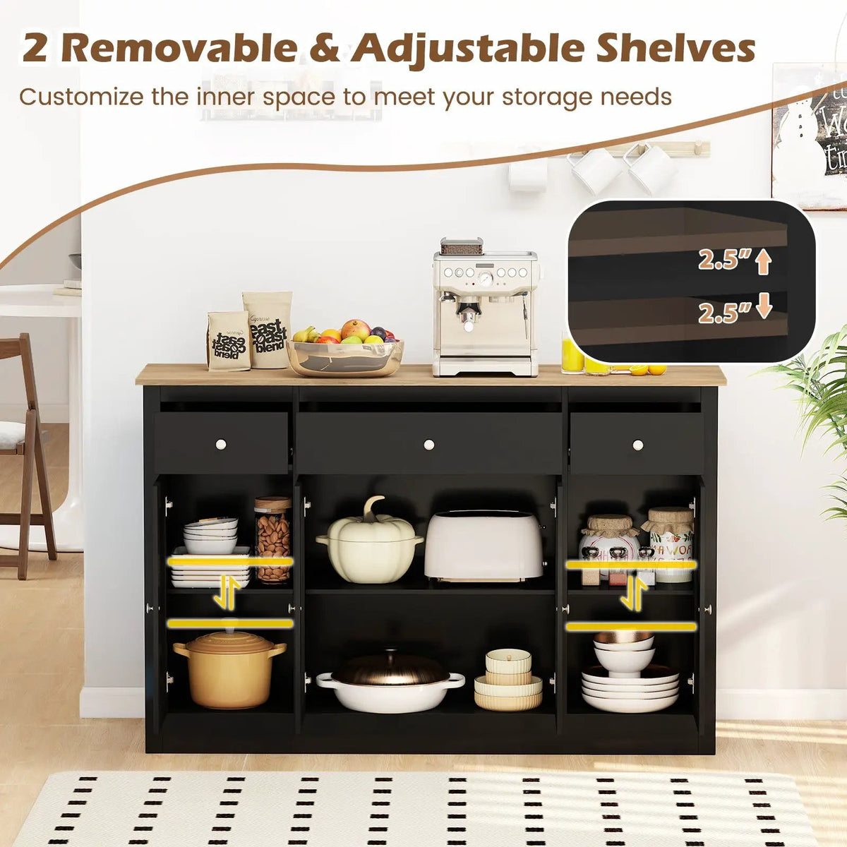 55" Large Buffet Sideboard Kitchen Storage Cabinet with 3 Drawers 2 See-through Doors Adjustable Shelves Wine Bar Table by DirectDeals