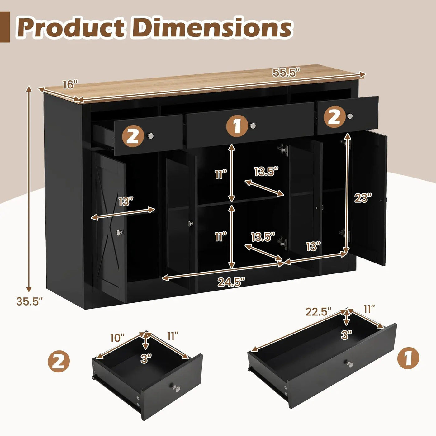 55" Large Buffet Sideboard Kitchen Storage Cabinet with 3 Drawers 2 See-through Doors Adjustable Shelves Wine Bar Table by DirectDeals