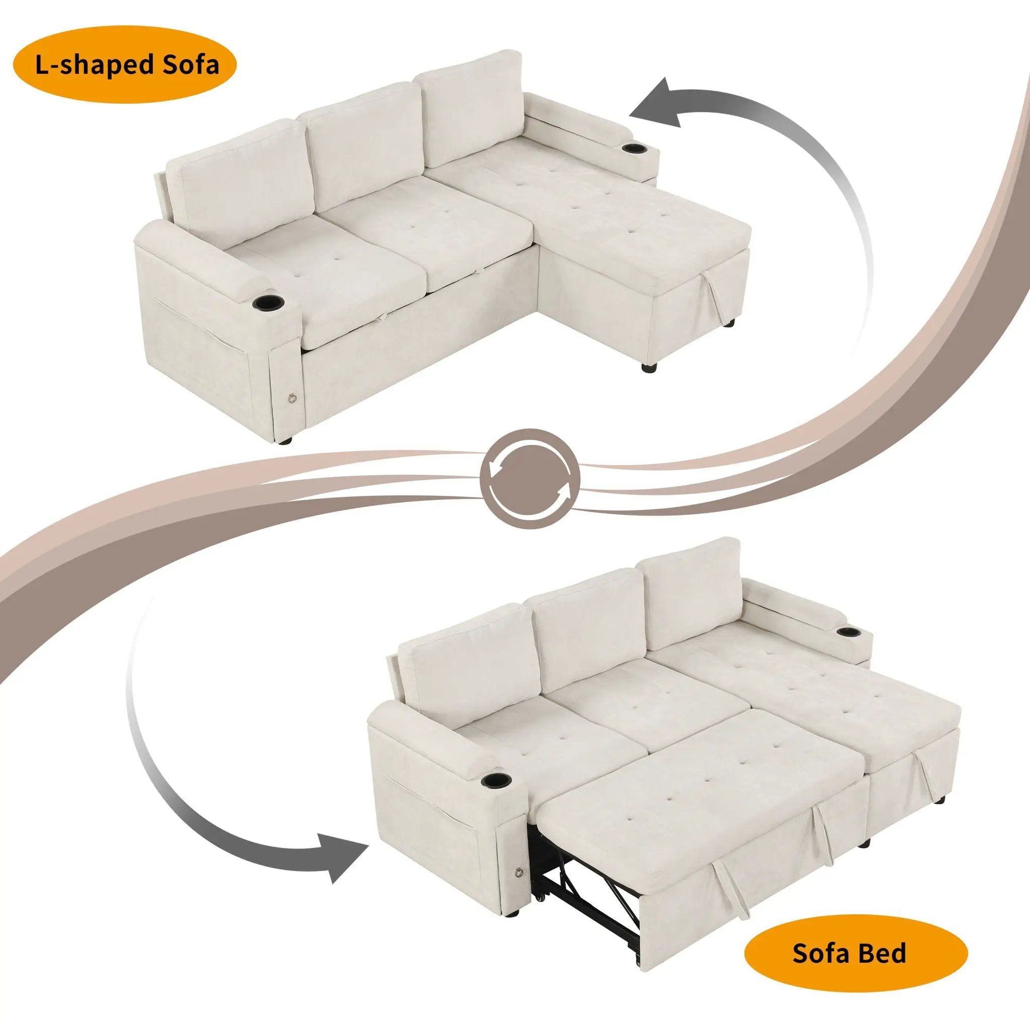 Convertible L Shaped Sofa Couch With Storage, Cup Holders, USB Ports by HouseOfZazla