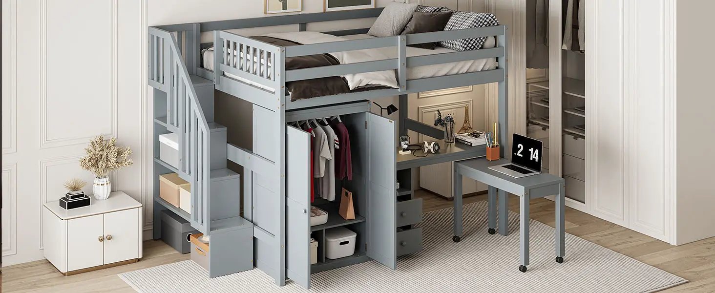 Loft Bed With Stairs, Bookshelf, Drawers, Desk & Wardrobe, Space Saving Multifunctional Furniture by HouseOfZazla