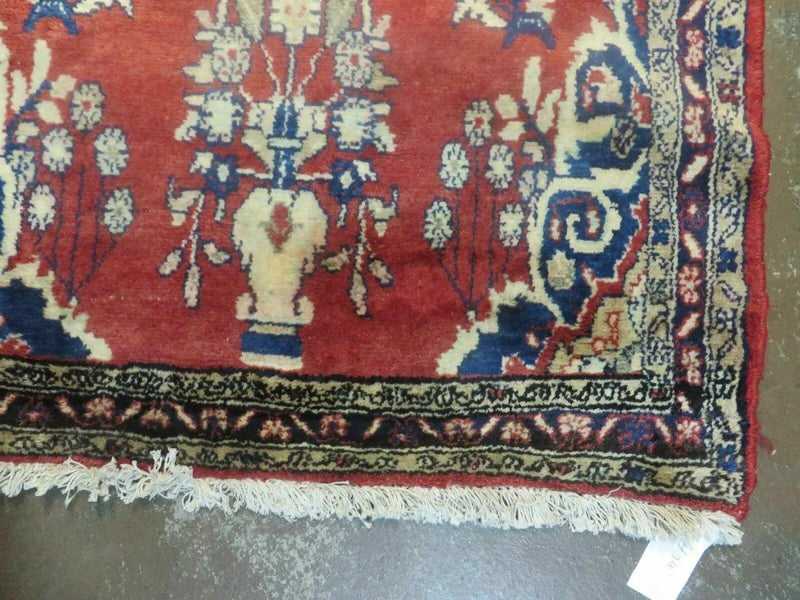 Persian Runner Rug 3 x 12, Antique Wool Oriental Runner, Floral Vases, Red & Navy Blue by Jewel Rugs