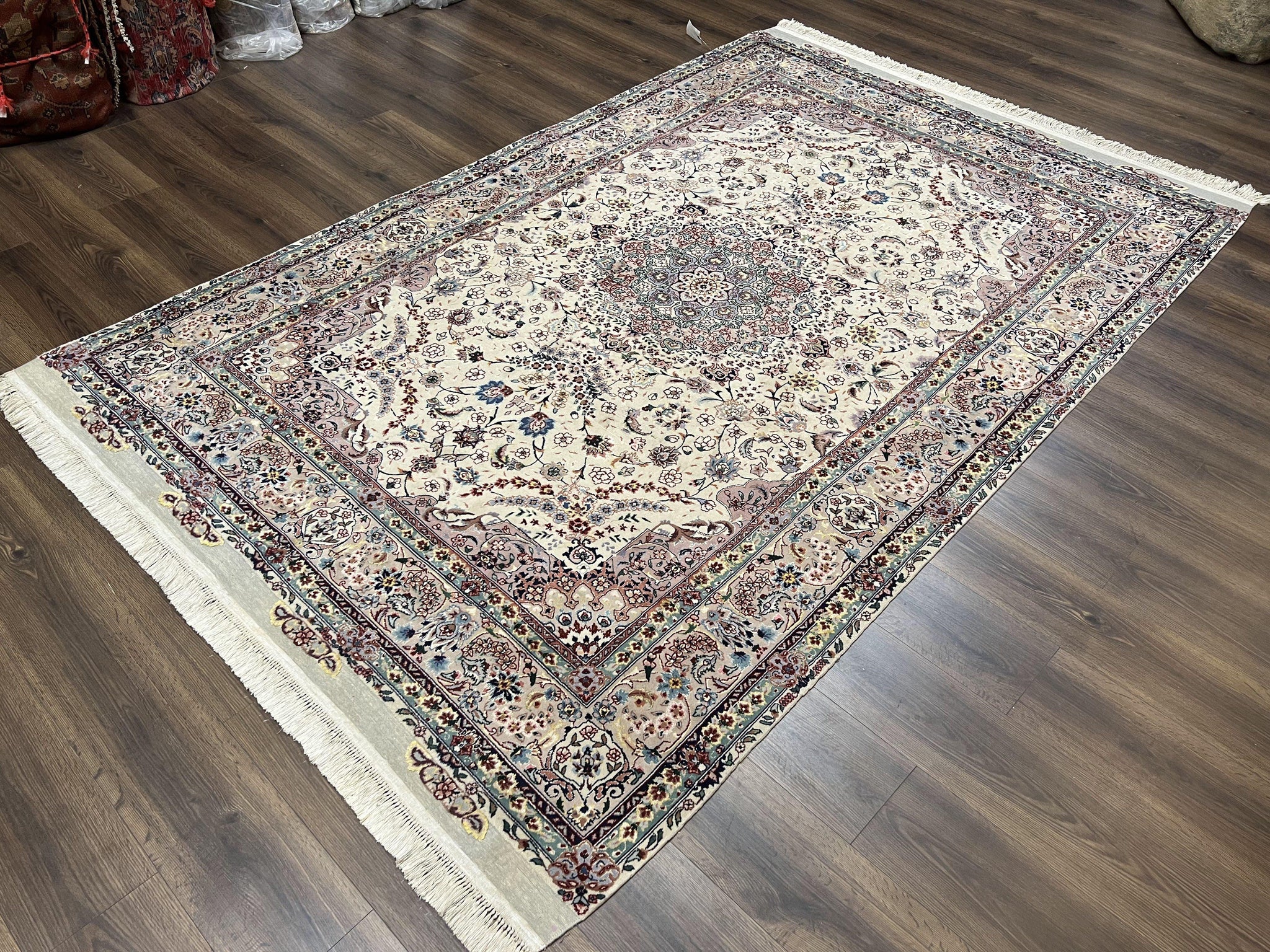 Beautiful Pak Persian Rug 6x9, Floral Medallion, Wool and Silk, Highly Detailed Elegant Carpet, Vintage Oriental Rug 6 x 9, Cream and Gray by Jewel Rugs