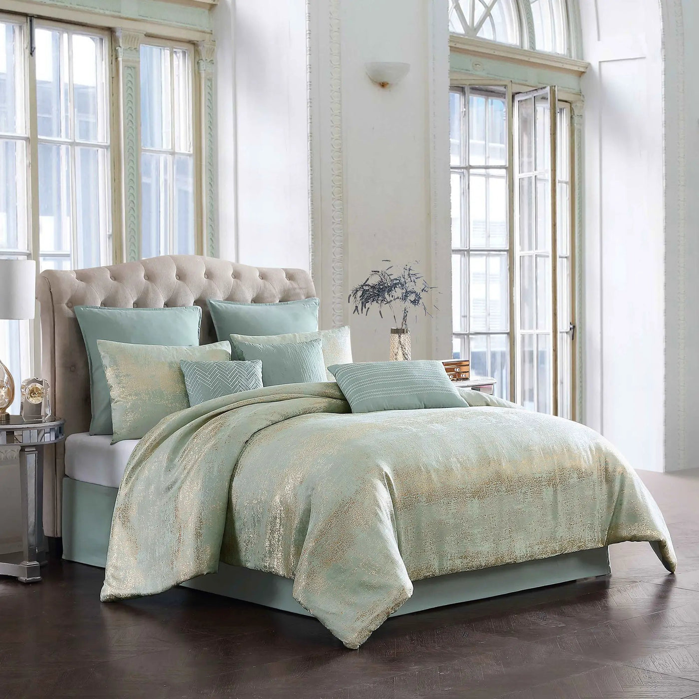Vesta Gold Satin Circle-Quilted 7-Piece Comforter Set by HouseOfZazla