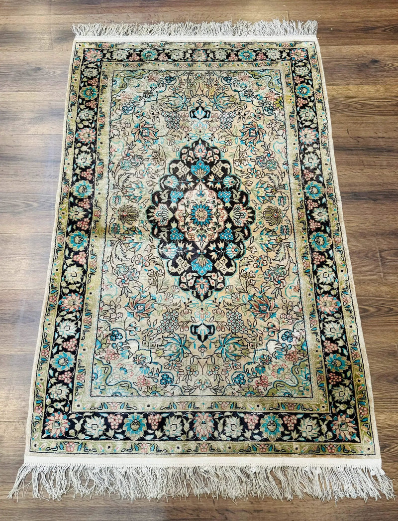 Indian Kashmiri Silk Rug 3x5, Floral Medallion, Fine 200 KPSI by Jewel Rugs