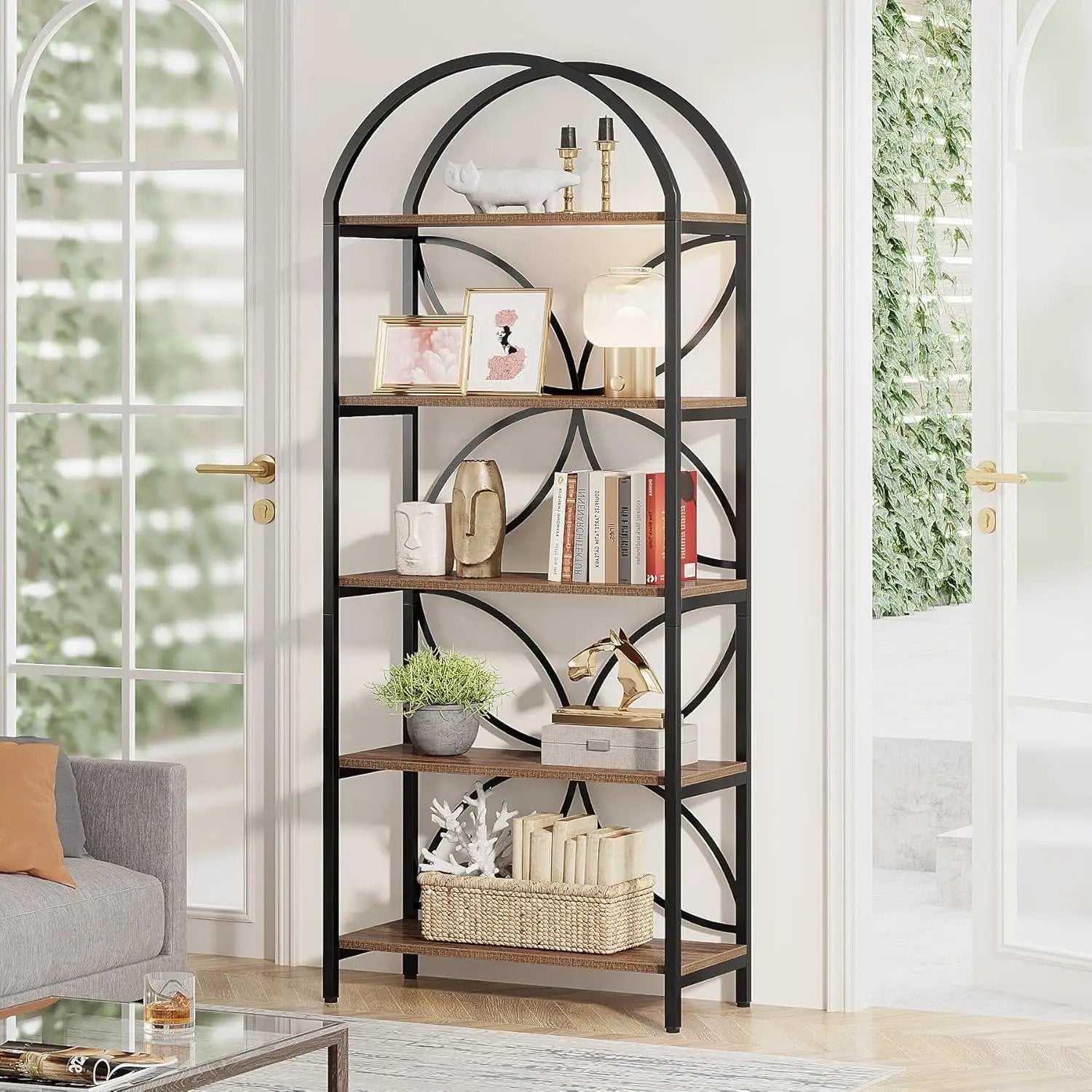 Tall 5 Tier Arched Bookshelf With Shelves For Living Room - Rustic Brown by HouseOfZazla