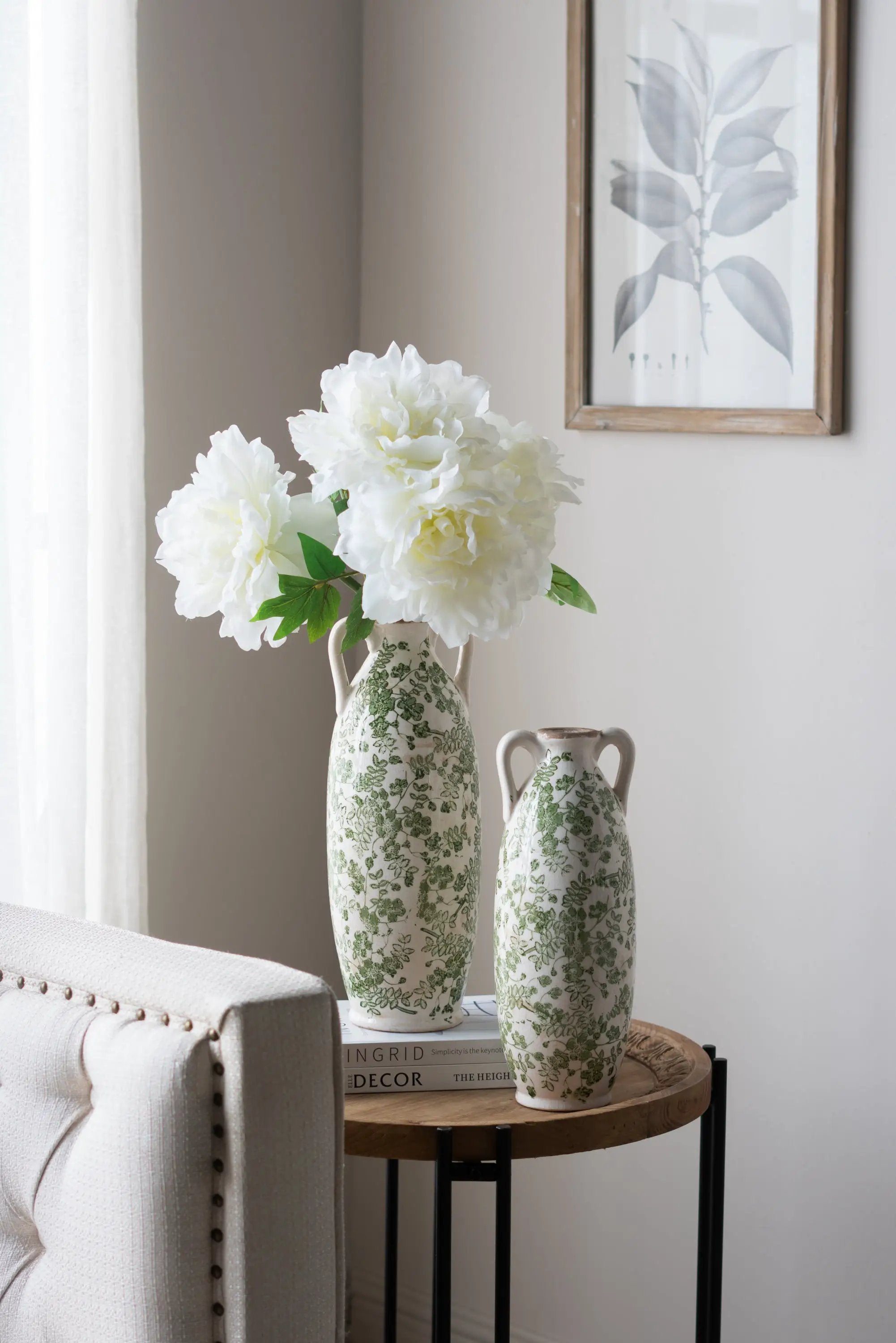 5.9x5.9x15.6' White Ceramic Flower Vase with Green Floral Pattern and Small Handles by HouseOfZazla
