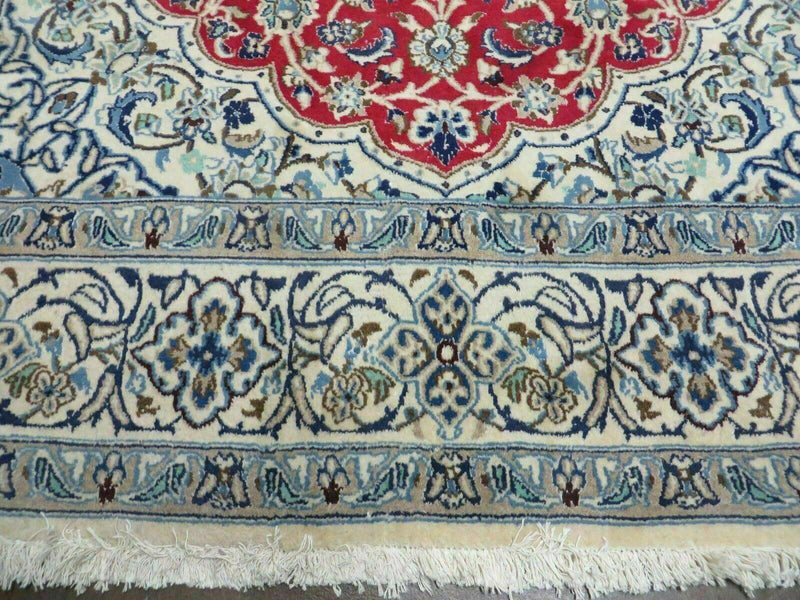 Square Persian Nain Rug 6'3" x 6' 8", Hand-Knotted, Wool with Silk Accents, Ivory Red Blue by Jewel Rugs