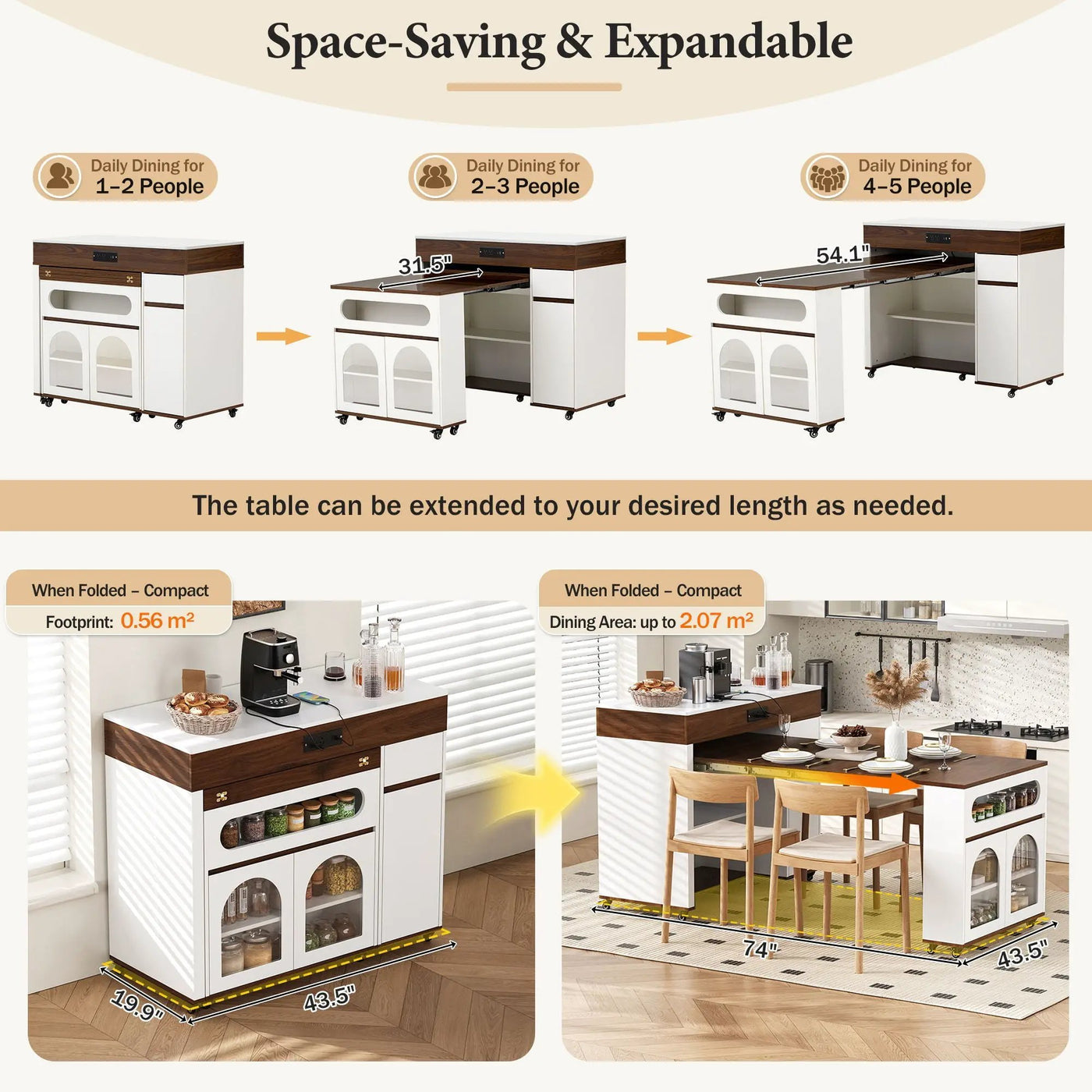 Extendable Dining Table With Folding Top, Rolling Kitchen Island With Drawers And Power Outlet by HouseOfZazla